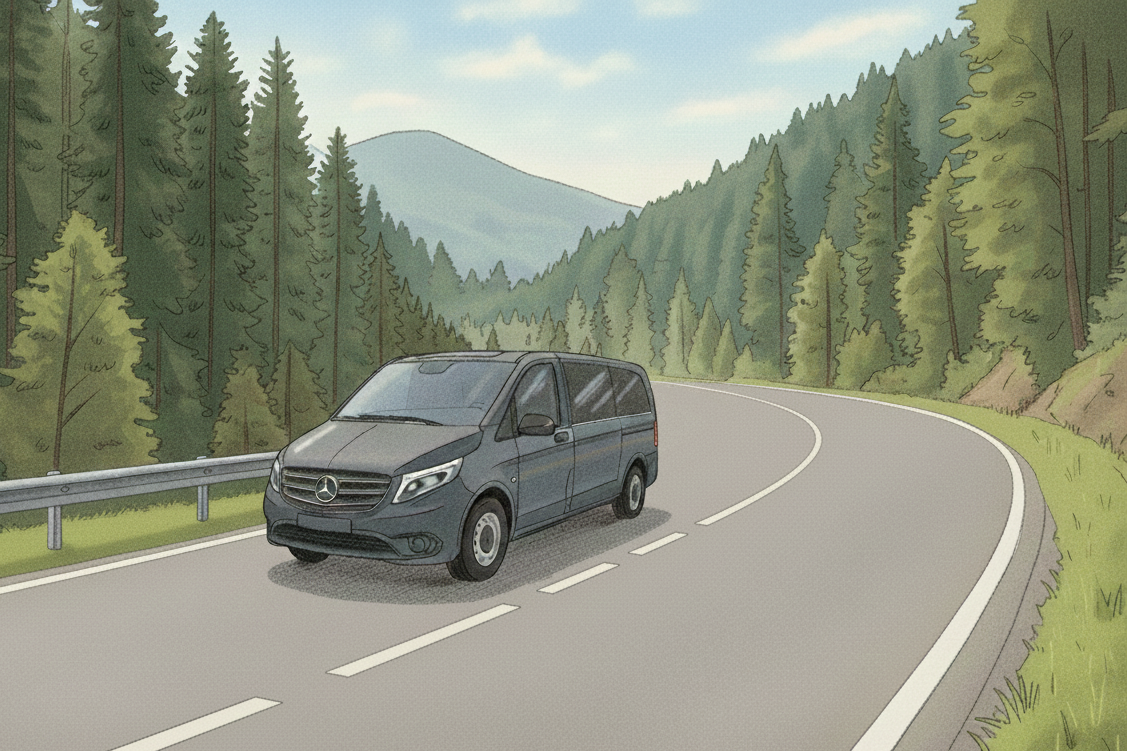 Van on a beautiful road in the Black Forest